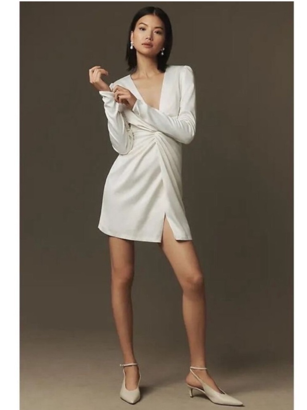 BHLDN Ivory Maya Twist-Front V-Neck Long-Sleeve Mini Dress